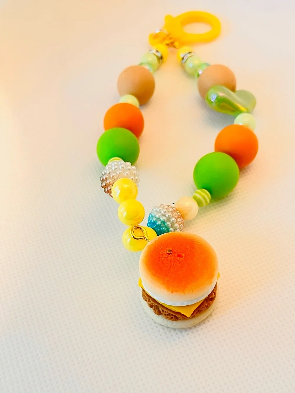 Beaded Phone/key Chain with Mini Breakfast sandwich Charm - Kawaii